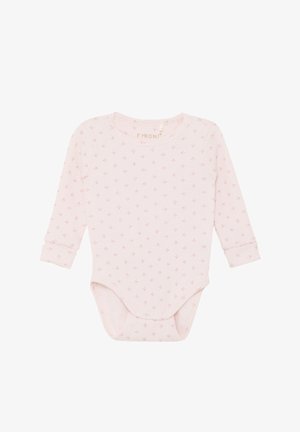 Hellrosa langärmliger Baby-Body mit kleinem Blumenmuster, rundem Ausschnitt, umgeschlagenen Bündchen und Druckknöpfen am unteren Teil.