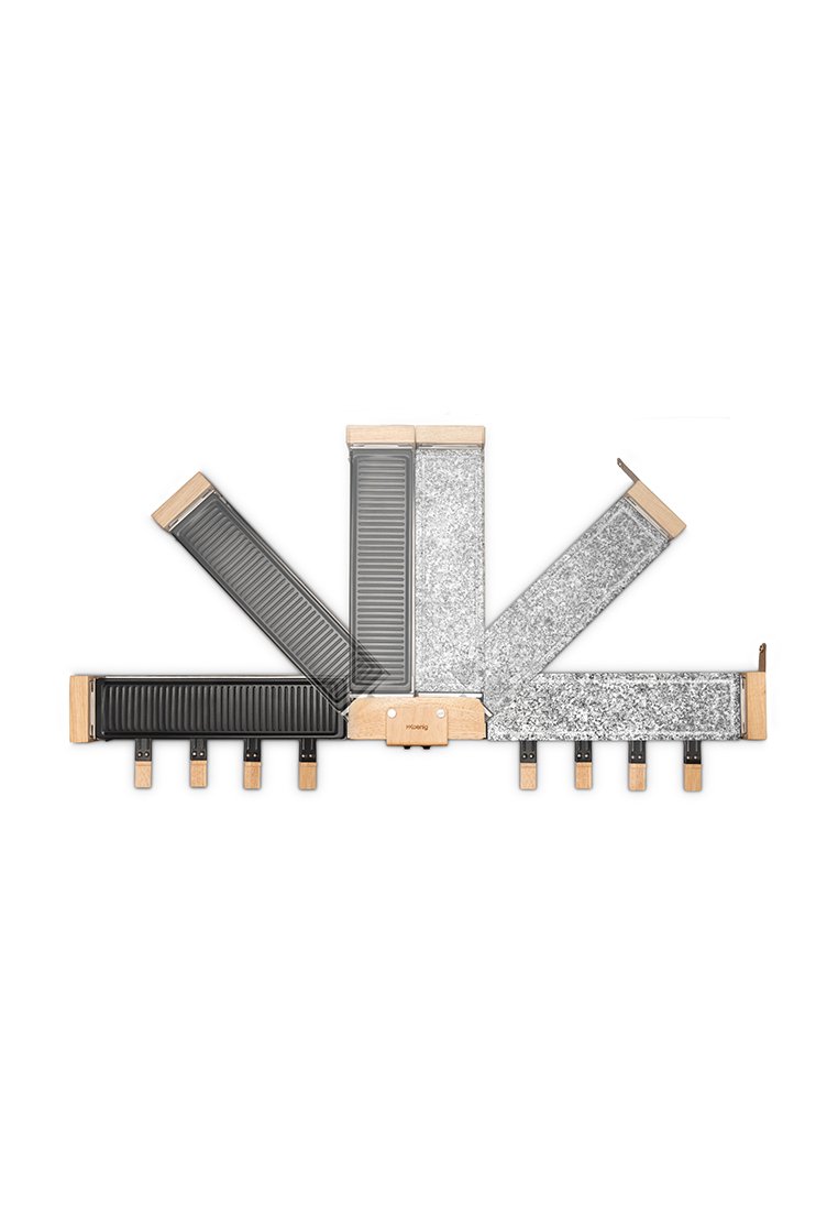 Organisateur multi-compartiments avec des sections texturées noir et argent, des accents en bois et une forme géométrique unique. Comprend des crochets en métal.