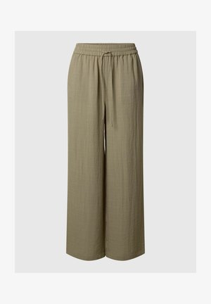 Wijdebroek in olijfgroene stof, met een elastische tailleband en een koord, met een gladde textuur en een losse pasvorm.