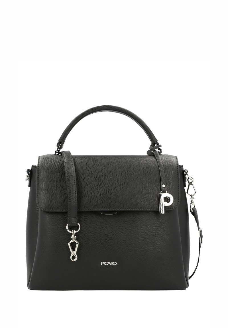 Sac à main en cuir grainé noir avec une forme structurée, une poignée supérieure, une bandoulière réglable et des accents de quincaillerie argentée.