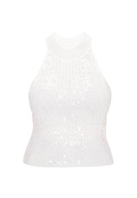 Weißes ärmelloses, gestricktes Cropped-Top mit hohem Ausschnitt, das eine gerippte Textur und verstreute, schillernde Pailletten aufweist.