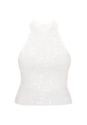Hvid ærmeløs strikket crop top med høj hals, der har en ribbet struktur og spredte iriserende pailletten.