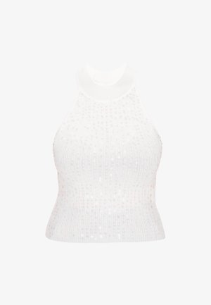 Hvid ærmeløs strikket crop top med høj hals, der har en ribbet struktur og spredte iriserende pailletten.