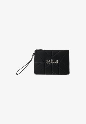 Pochette da polso rettangolare nera con cuciture geometriche e logo GAËLLE PARIS in metallo argentato centrato sulla parte anteriore.