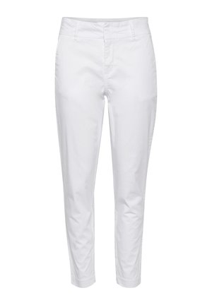 Witte, nauwsluitende, enkellange broek met riemlussen en voorvakken, gemaakt van een gladde stof.