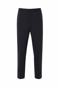 Marineblauwe op maat gemaakte broek van soepel materiaal met een recht model, voorzien van een flat front en ceintuurlussen.