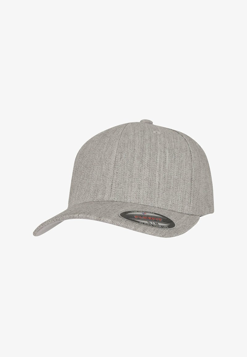 Gray fitted cap with a rounded crown, a flat brim, and textured fabric. Features a circular brand tag on the front.