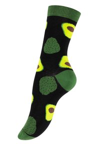Chaussettes noires ornées de motifs d'avocat verts et jaunes avec des accents marron ; bracelet côtelé vert ; matériau doux et extensible.