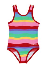 Punainen ja monivärinen raidallinen uimapuku, jossa on aaltoilevia kuvioita vaaleanpunaisissa, vihreissä, keltaisissa, sinisissä ja violetissa väreissä. Pehmeä kangas, hihaton malli.