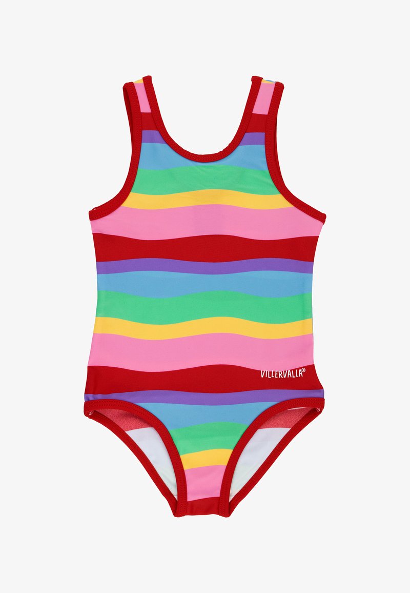 Rot gestreifter, einteiliger Badeanzug mit mehrfarbigen Wellenmustern in Pink, Grün, Gelb, Blau und Lila. Weicher Stoff, ärmelloses Design.