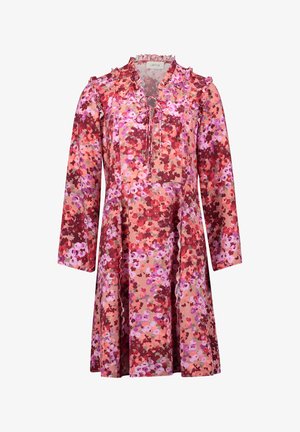 Langärmeliges, knielanges Kleid mit rosa-, rot- und lilafarbenem Blumenmuster, gerafftem Ausschnitt und einer Schleife vorne.