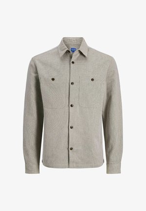 Graues gewebtes Hemd mit Kragen, durchgehender Knopfleiste und zwei Brusttaschen. Ausgestattet mit braunen Knöpfen und einem strukturierten Stoff.