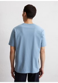 Lichtblauwe katoenen t-shirt met korte mouwen en ronde hals, met een ontspannen pasvorm en een gladde textuur, gezien vanuit de achterkant op een neutrale achtergrond.