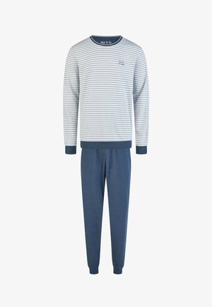Haut à manches longues rayé gris et blanc avec des poignets bleu marine, accompagné d'un pantalon de jogging uni bleu marine, ensemble décontracté pour se détendre.