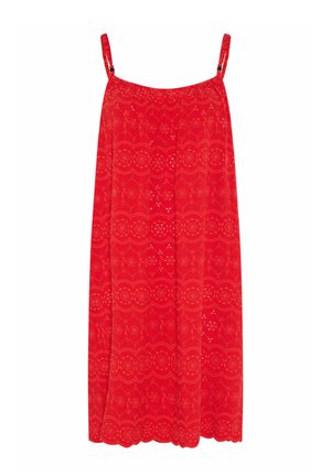 Vestito estivo rosso senza maniche con spalline regolabili, motivo floreale ad occhielli, orlo smerlato e vestibilità ampia e fluente.