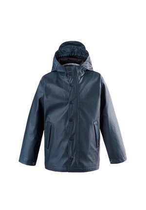 Giacca impermeabile blu navy con cappuccio, chiusura con bottoni e due tasche frontali, progettata per bambini.
