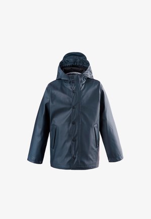 Navyblaue wasserdichte Kapuzen-Regenjacke mit Knopfverschluss und zwei Fronttaschen, für Kinder entworfen.