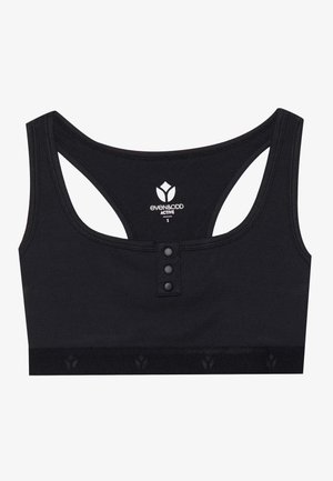 Schwarzer Sport-BH mit strukturierter Ripptextur, breiten Trägern und rundem Rückenausschnitt. Verfügt über einen Knopfverschluss und ein elastisches Band mit Logo am Saum.