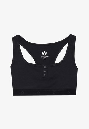 Sostenedor deportivo negro de textura acanalada, con tirantes anchos y espalda en forma de scoop. Presenta un cierre de botón y una banda elástica con marca en la parte inferior.