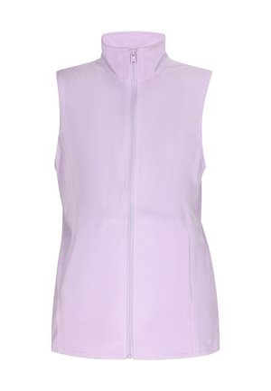 Helles lila ärmelloses Weste aus weichem Fleece-Material, mit einem hohen Kragen und einem Frontreißverschluss, sowie minimalen Nähedetails.