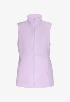Vest fără mâneci de culoare lavandă deschisă, confecționat din material fleece moale, având un guler înalt și fermoar în față, cu detalii de coasere minime.