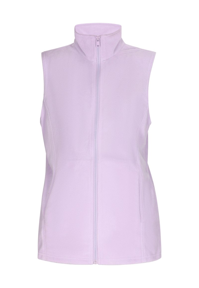 Gilet senza maniche di un morbido materiale fleece di colore viola chiaro, con colletto alto e zip frontale, caratterizzato da minimi dettagli di cucitura.