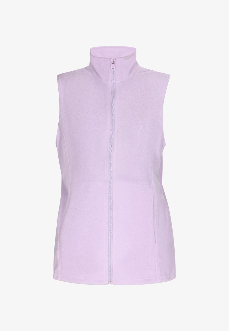 Gilet senza maniche di un morbido materiale fleece di colore viola chiaro, con colletto alto e zip frontale, caratterizzato da minimi dettagli di cucitura.