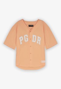 Lichtoranje honkbalshirt met korte mouwen, met witte letters "PG DR" en knopen aan de voorkant. Soepele, ademende stof.