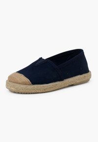 Scarpa slip-on in tela blu navy con punta in juta naturale e suola intermedia in juta intrecciata, dotata di suola esterna in gomma piatta.