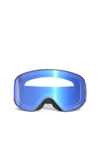 Siniset laskettelulasit, joissa on suuri, pyöreä linssi, polarisoitu muotoilu, pehmeä musta vaahtomuovivuori ja säädettävä hihna turvallista istuvuutta varten.