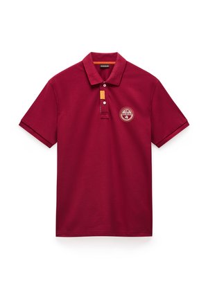 Bordeauxkleurig poloshirt van katoen, met een klassieke kraag, twee knopen en een rond geborduurd logo op de linkerkant van de borst met een oranje accent.