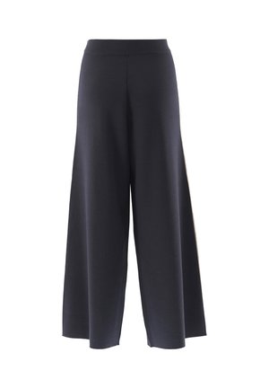 Pantaloni neri a gamba larga realizzati in tessuto morbido, con una vita alta e una superficie liscia. Nessun motivo o dettaglio evidente.