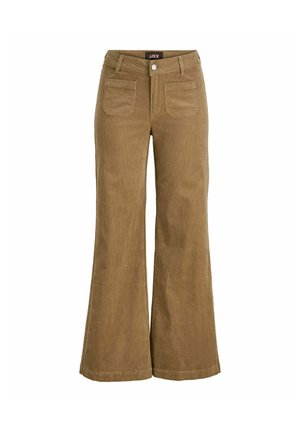 Pantalon en velours côtelé marron taille haute avec jambes larges, poches avant, passants de ceinture et fermeture à bouton.