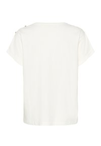 White short-sleeve shirt with a relaxed fit, featuring three gold button accents on the shoulder. Soft fabric with a smooth texture.