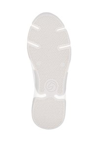Semelle de chaussure en caoutchouc blanc avec un motif texturé, arborant un logo au centre et des rainures pour une meilleure adhérence. Taille marquée comme 37.