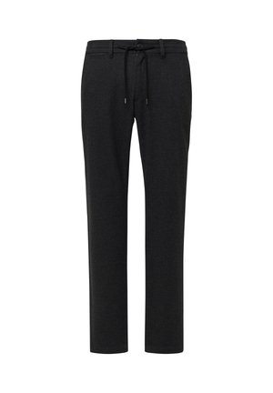 Czarne spodnie o prostych nogawkach, wykonane z miękkiego materiału, z regulowanym paskiem na sznurku w talii oraz bocznymi kieszeniami. Gładka tekstura, minimalne wykończenie.