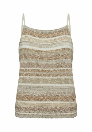 Top bej și maro fără mâneci, cu dungi, tricotat, cu bretele subțiri reglabile și modele orizontale texturate.