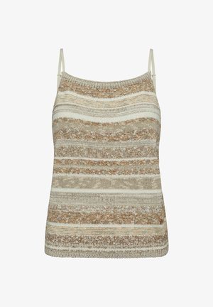 Top bej și maro fără mâneci, cu dungi, tricotat, cu bretele subțiri reglabile și modele orizontale texturate.