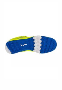 Scarpa sportiva con tomaia gialla brillante, suola blu con motivi esagonali e dettagli bianchi. Progettata per aderenza e prestazioni.