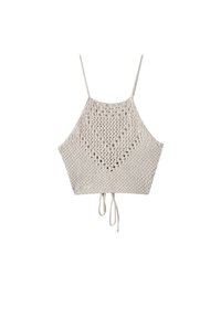 Szydełkowy crop top w odcieniu kremowym z diamentowym wzorem, regulowane ramiączka i detal z wiązaniem na dole. Teksturowany, lekki i przewiewny.
