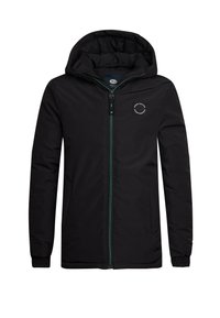 Giacca nera con zip e cappuccio, caratterizzata da accenti color teal, un logo circolare sul petto e polsini elastici per una vestibilità aderente.