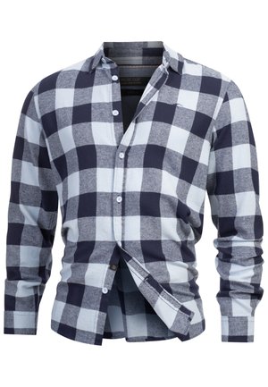 Checkered button-up shirt in light blue and dark navy, featuring a regular fit, long sleeves, and contrasting buttons. Soft fabric texture.