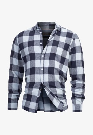 Chemise à carreaux en bleu clair et marine, avec une coupe régulière, des manches longues et des boutons contrastants. Texture de tissu douce.