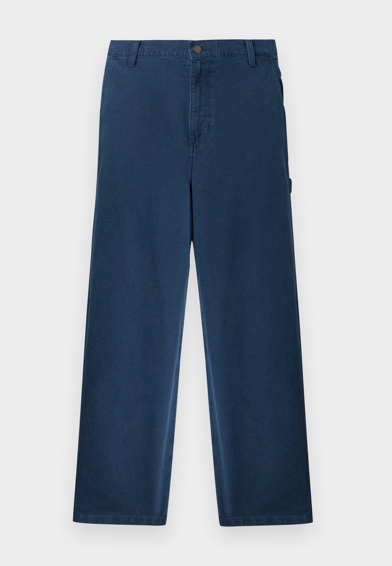 Pantalon en velours côtelé bleu marine à jambes droites, avec passants de ceinture, bouton avant, fermeture éclair et poches latérales.