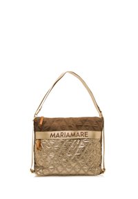 Borsa a spalla in tessuto trapuntato metallico oro e marrone con tracolla regolabile, dotata del logo "MARIAMARE" in beige.