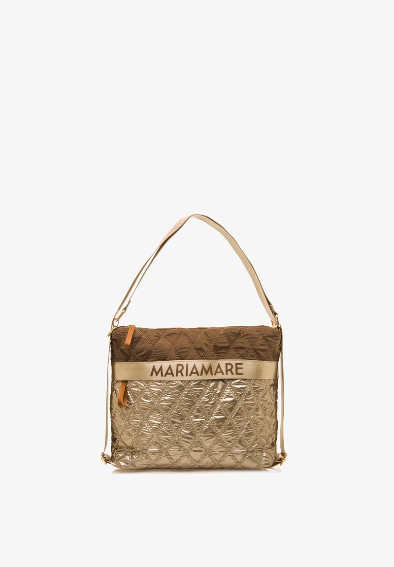 Borsa a spalla in tessuto trapuntato metallico oro e marrone con tracolla regolabile, dotata del logo "MARIAMARE" in beige.