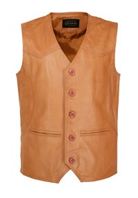 Lichtbruine leren vest met een V-hals, vijf bruine knopen en twee voorkanten zakken. Gladde textuur met een eenvoudig, op maat gemaakt ontwerp.
