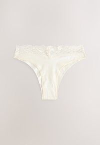 Cream-colored women's underwear with a wide lace waistband and smooth fabric body laid flat against a neutral background.