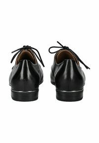 Scarpe in pelle nera con finitura liscia, forma arrotondata e lacci rotondi. Il tacco presenta una suola bassa in gomma nera con un accentuazione argentata.
