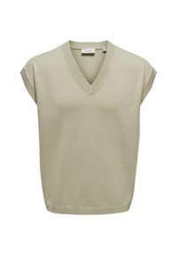 Hellgrünes, kurzärmliges V-Neck-Oberteil mit geripptem Ausschnitt und Saum. Hergestellt aus weichem Strickstoff mit lockerem Schnitt.